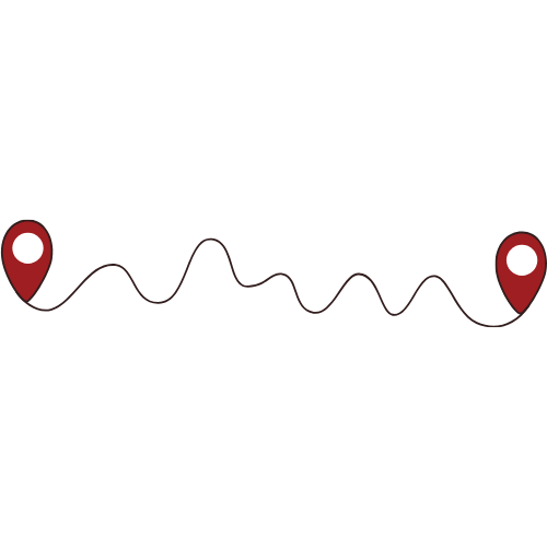 A map with two red location pins connected by a black, winding route.
