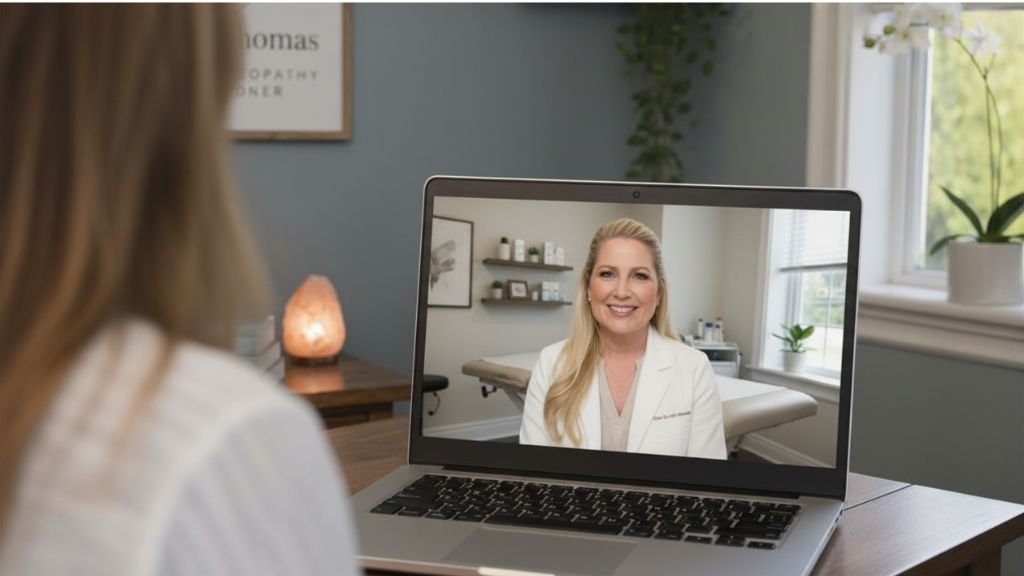 A woman with long blonde hair participating in a video call with a female healthcare professional on a laptop in a well-lit room with a window, houseplants, and framed artwork on the wall.