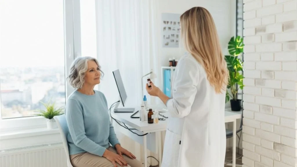 A healthcare professional showing medication to an elderly woman in a bright, modern clinic with large windows and white brick walls.