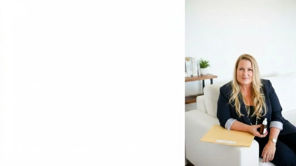 A woman with long blonde hair sits on a white sofa in an office space, holding a small brown bottle and a tube, with a beige folder on her lap. There is a wooden shelf with books and a small plant in the background.