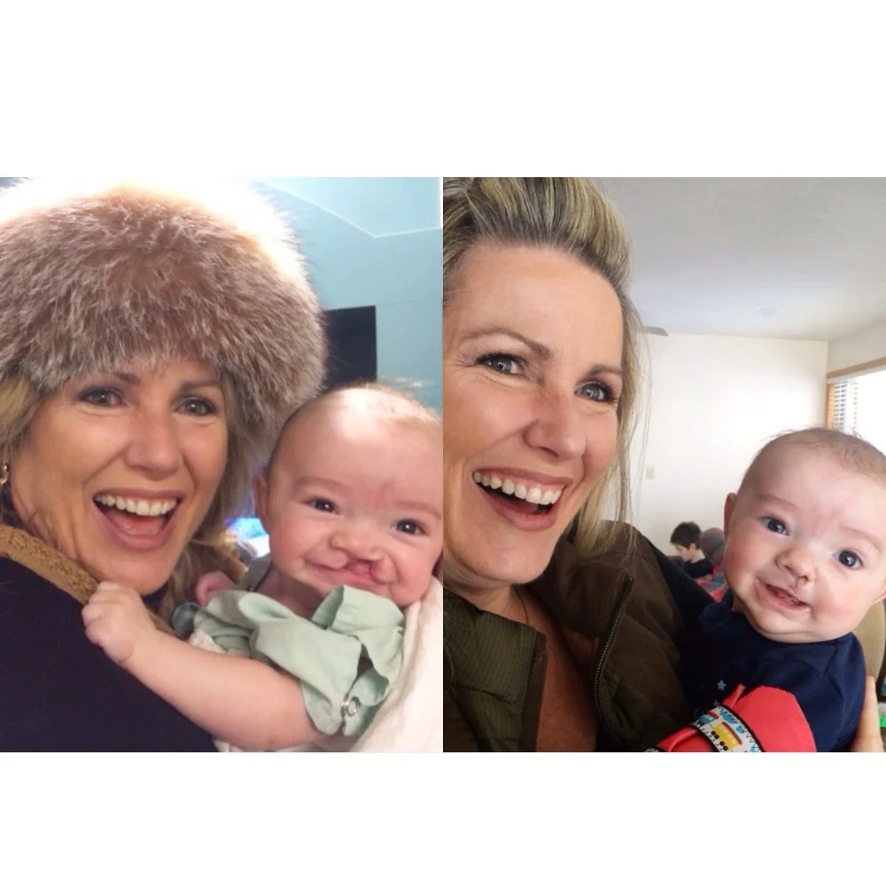 Side-by-side photos of women each holding a smiling baby in an indoor setting.