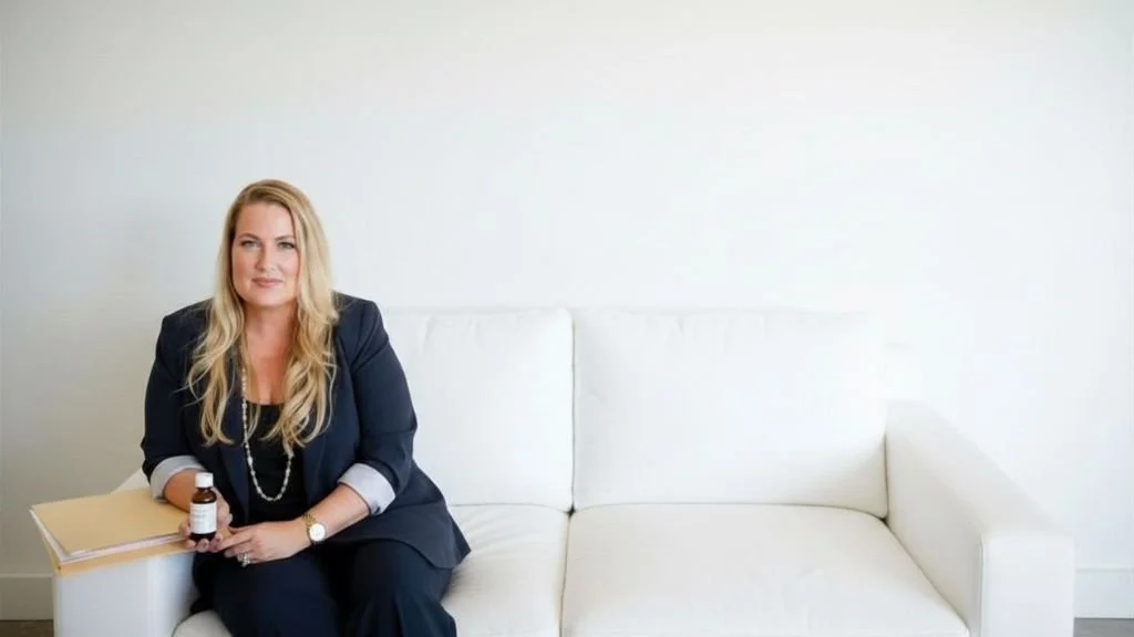 A woman in business attire sitting on a white couch, holding a medication bottle, with a closed notebook on her lap, in a minimal white room.