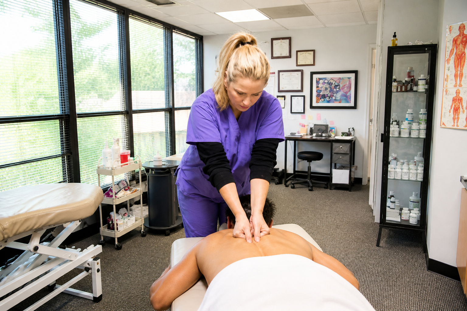 A healthcare professional performing a massage on a patient lying face down on a massage table in a clinic room.