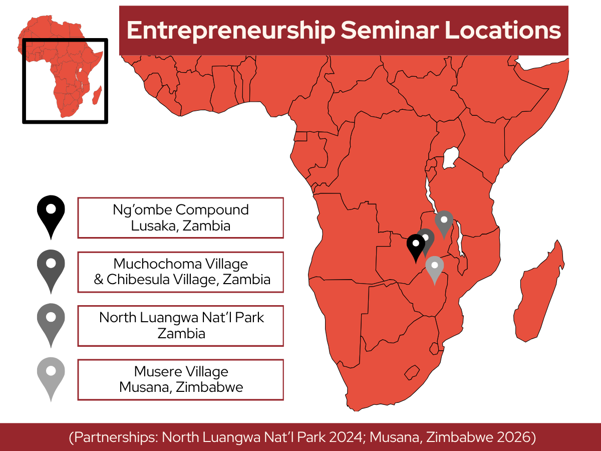 Sub Saharan map with Entrepreneurship Seminar Locations in Zambia and Zimbabwe