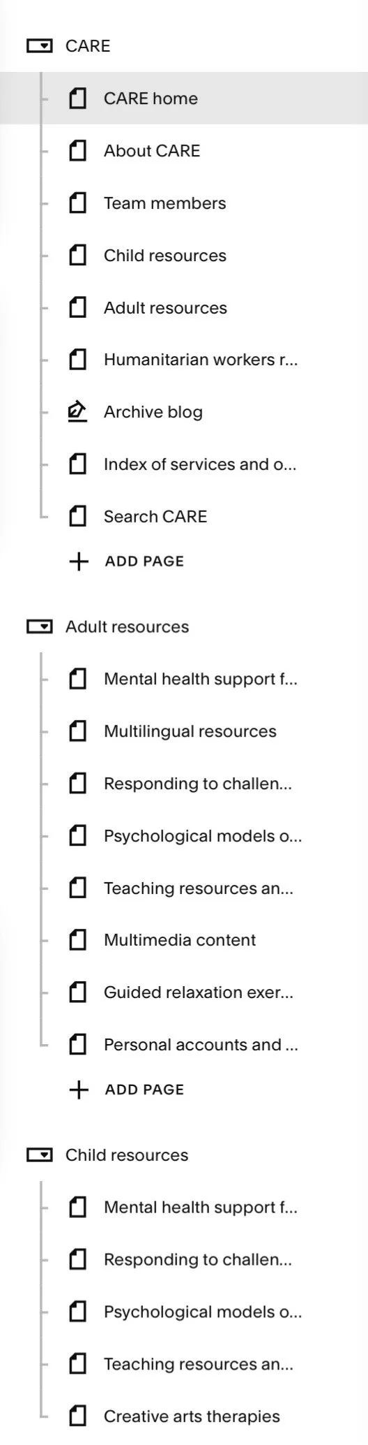 Screengrab of Squarespace CMS showing icons and names of pages from the Careif Archive of Refugee Empowerment arranged under three folder icons (one called CARE, one called Adult resources, and one called Child resources)
