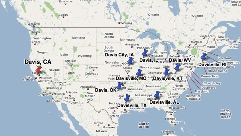 Map of USA with Davis, CA highlighted in bold text with a red pushpin icon. Nine other places with Davis in their names are similarly highlighted with a blue pushpin icon