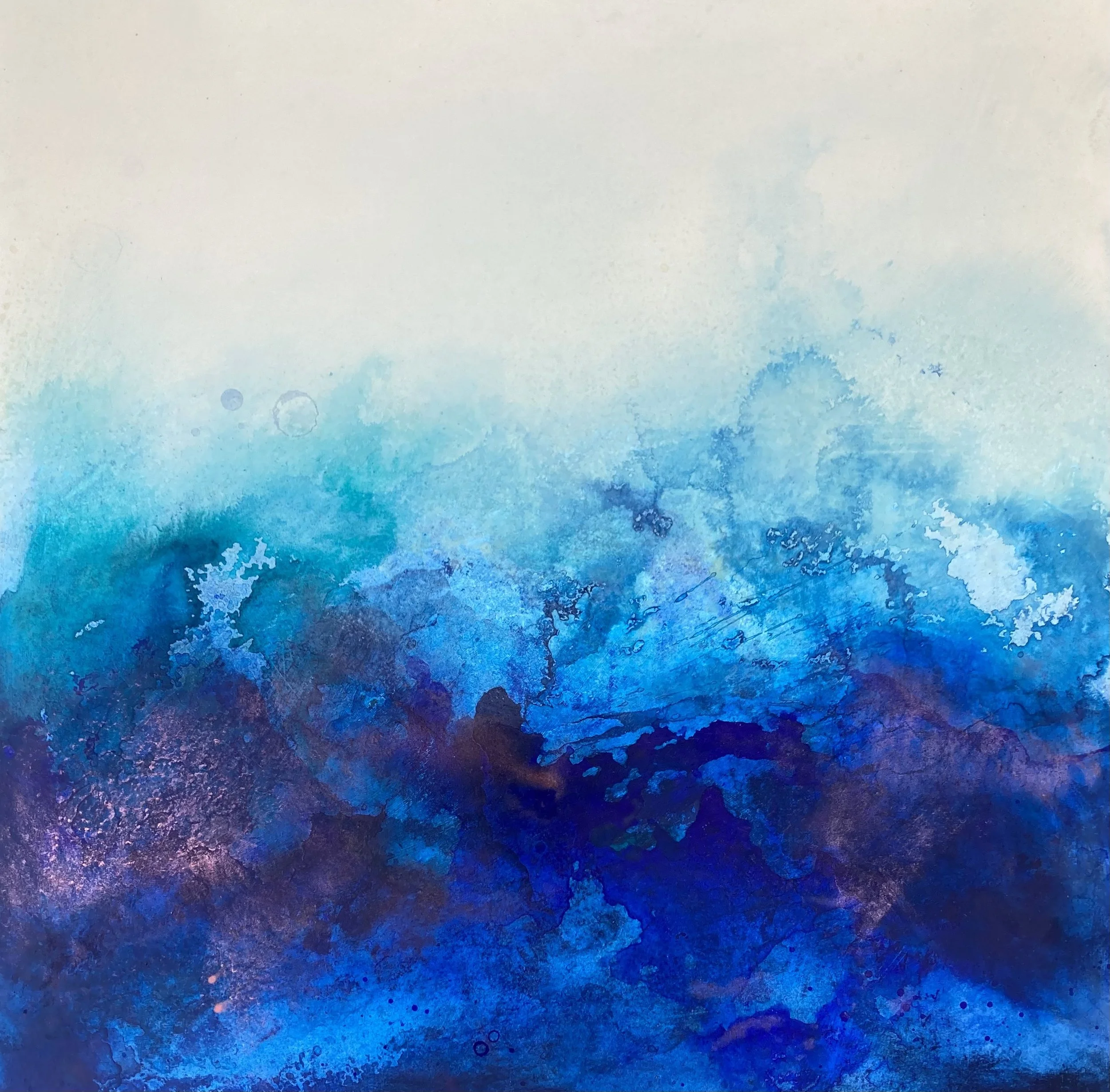 Abstract painting of a seascape. The square canvas has a bottom half of vibrant, swirling blue colours that could be interpreted as resembling a stormy sea. The darker blues contain smaller highlights of purple and light blue.