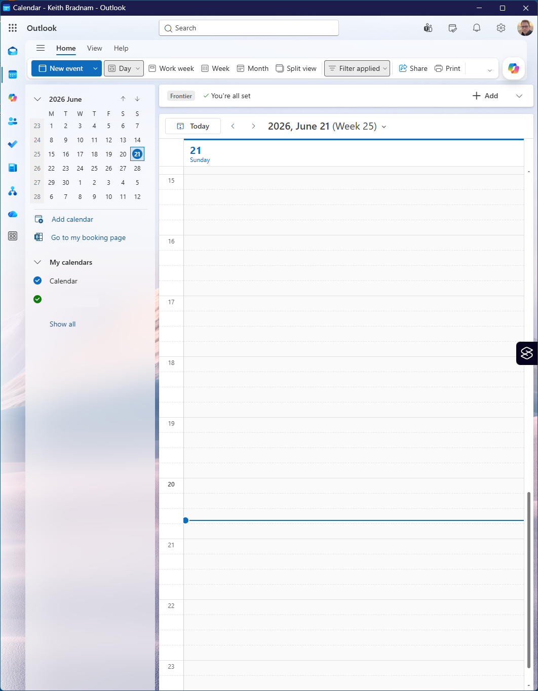 Screengrab of the final solution. An Outlook web view of a single day in the calendar, in an Edge app view browser window. Screengrab shows 21 June 2026 selected with no events listed on that day