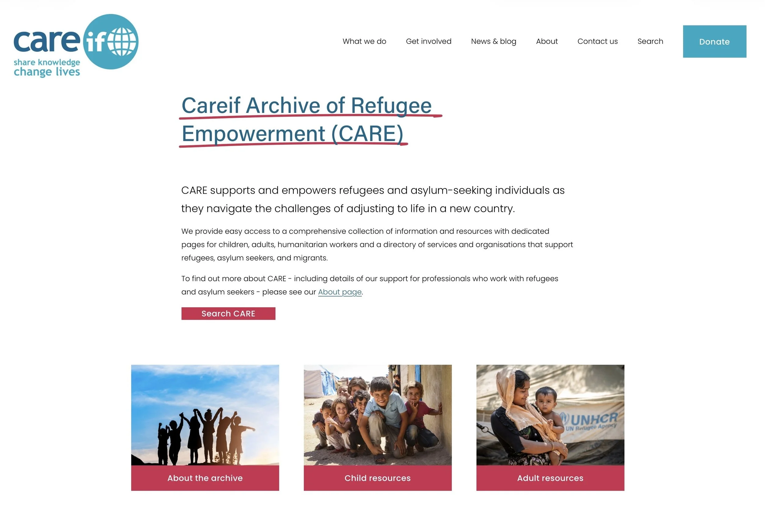 Screengrab of the CARE home page showing introductory text and then some images of refugees with raspberry-coloured buttons underneath.
