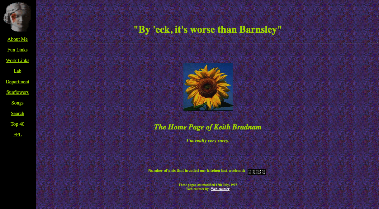 Screen grab of website with purple patterned background, green text, and a small sunflower photo in the middle