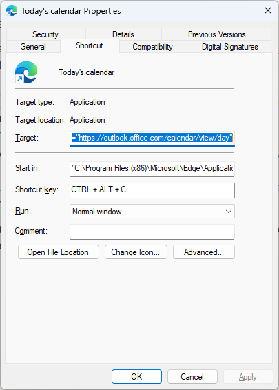 Screengrab of Shortcut properties showing the information specified in the previous steps