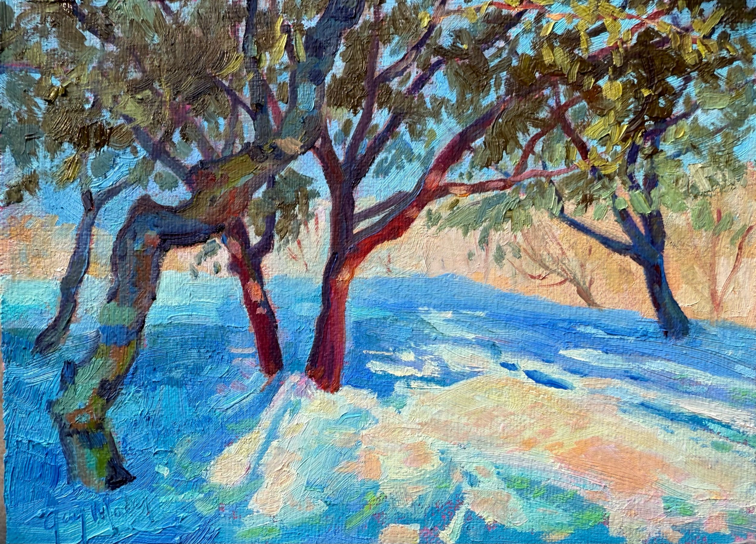 “A WINTER’S WALK”, 6x8”, oil on panel, $300.00