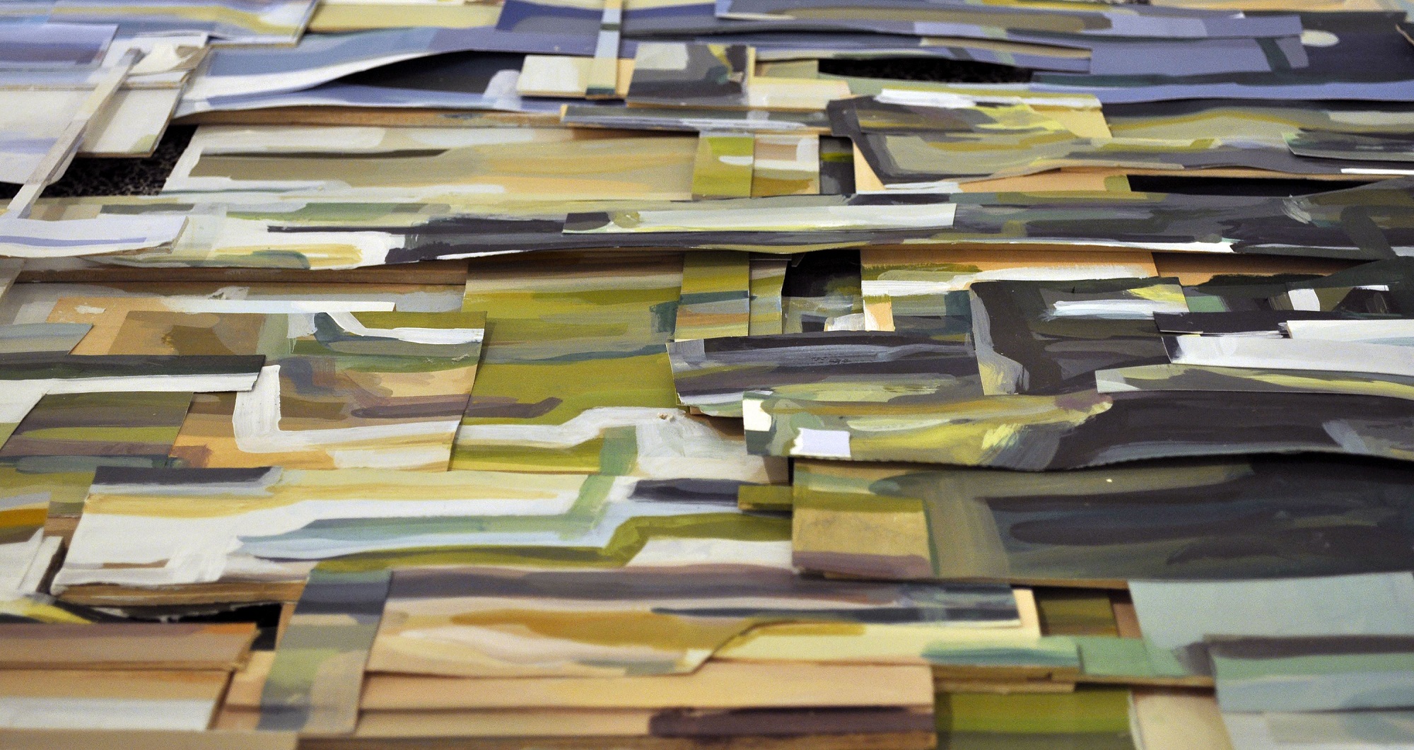 one-third set against a sea; two-thirds against a sky ; 2014-15; plywood, paper, acrylic polymer; 50 x 95 inches.