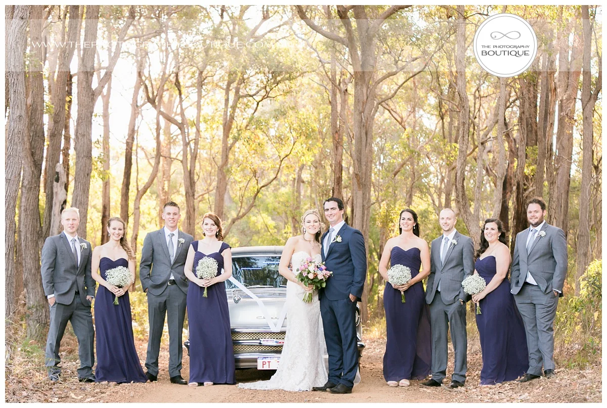 bridal party in the forest at chandeliers on abbey margaret river