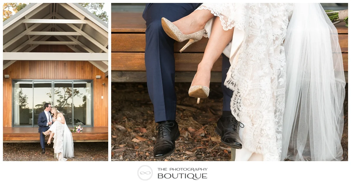 bride and groom sitting on verandah at chandeliers on abbey margaret river