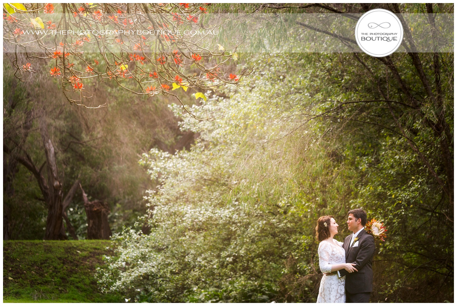 Bride and groom in the landscape at Caves House Yallingup