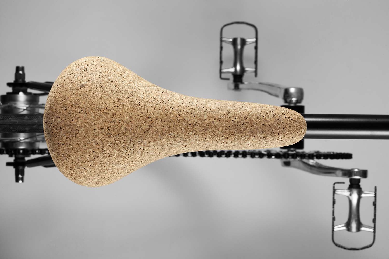 Korkad Bicycle saddle , 2012 In cooperation with Carl Cyrén Korkad is created on the basis of the specific properties of the material cork - both the functional and visual. The bicycle saddle highlights some of cork’s properties, such as elasticity, impermeability, recyclability and durability. To get a more protective surface, the saddle is treated with hard wax oil. The treatment enhances the cork texture and gives a satin-like, warm feel. The natural, lively texture tends to make scratches and small marks disappear. Instead of destroying the material, they will become a part of its natural look. Material: cork Prototype. Not in production. Photo: Petter Brandt