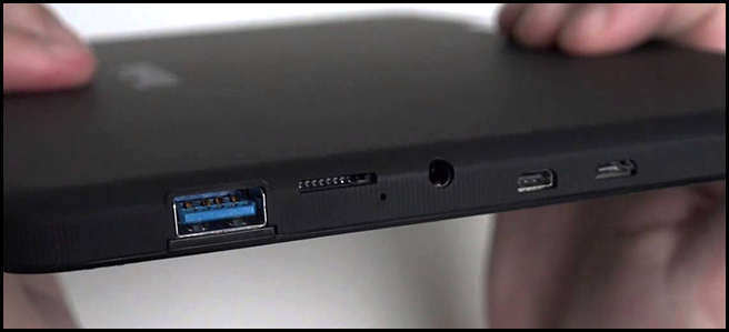 WinBook T801 showing USB 3, SD Card, 3.5 mm, mini-HDMI, and mini-USB 2 slots.