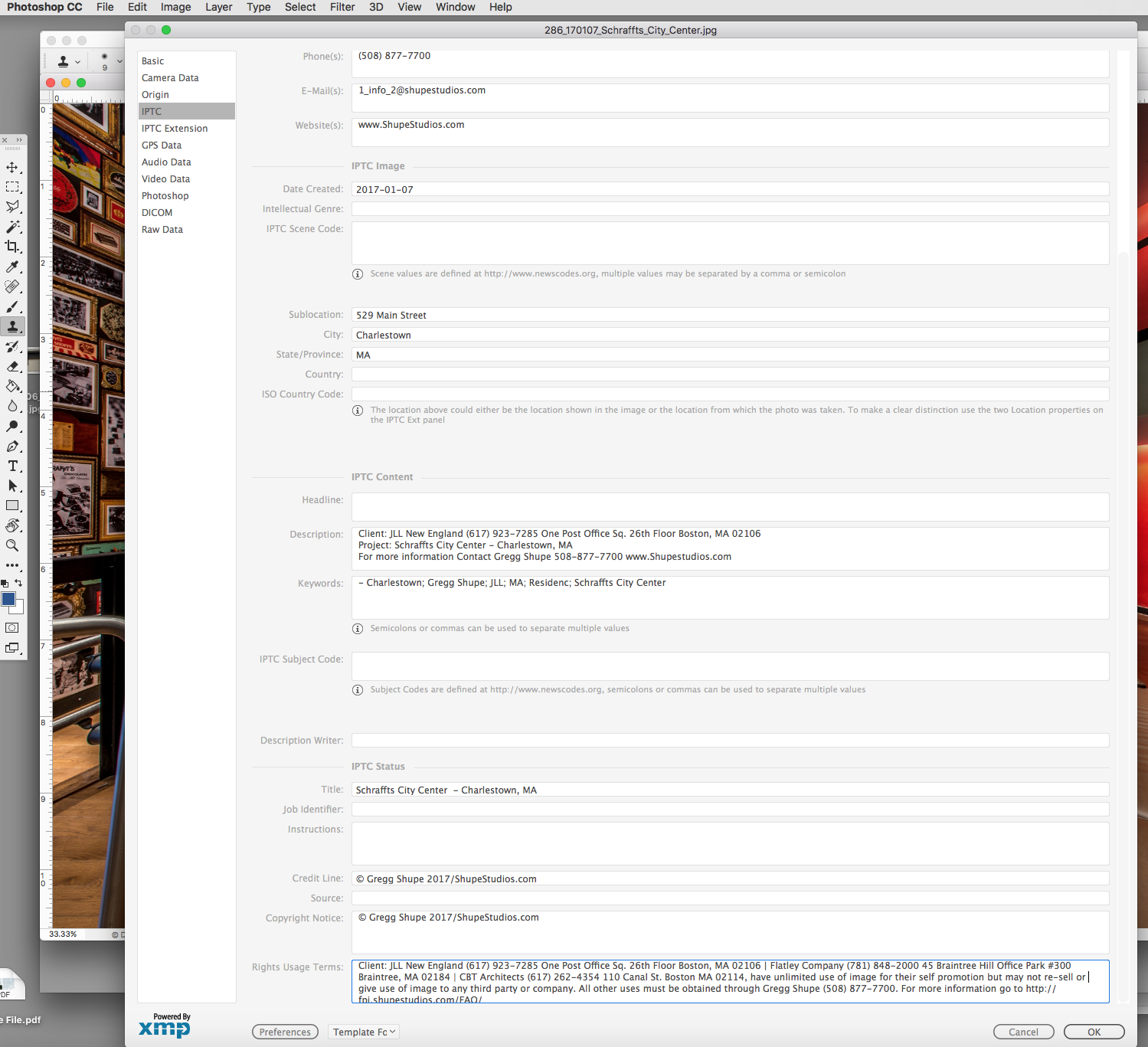 This screen window will appear. Scroll down in the IPTC window to the bottom. 