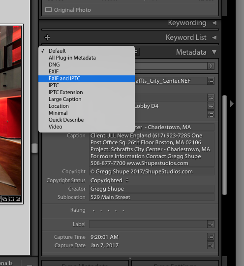 Click on the Default table, which will give you this drop down menu and pick/highlight the EXIF and IPTC option.