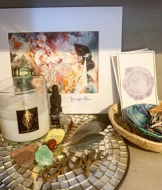 #maymagick2019 
Day 28 :: Altar

I&rsquo;m always in need of a reminder that the transitions are just as important as the adventures.

Ether Candle by @alaunawhelan 
Woman &amp; Wolf Print by @dimitramilan 
Wild &amp; Connected cards by @innerhue 
Bo