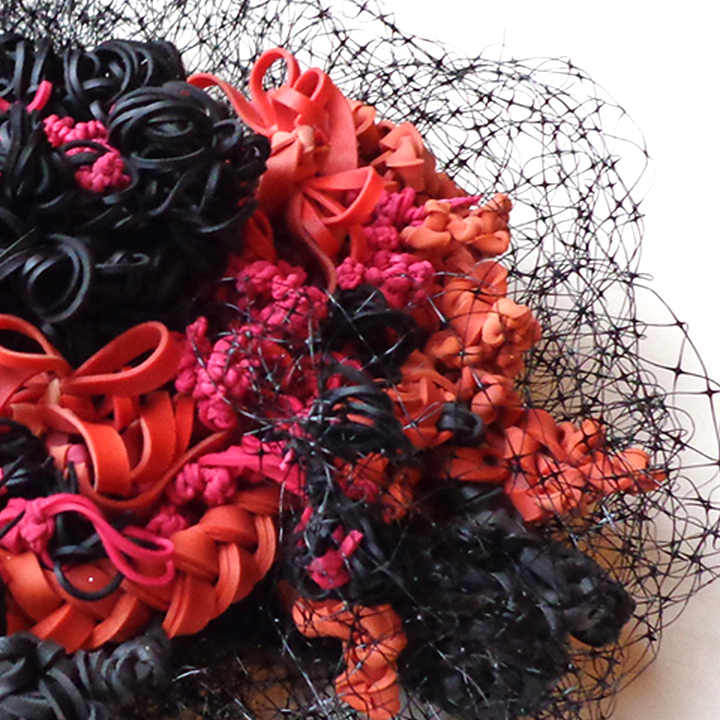 Veil ' Detail: various colors rubber bands, black netting