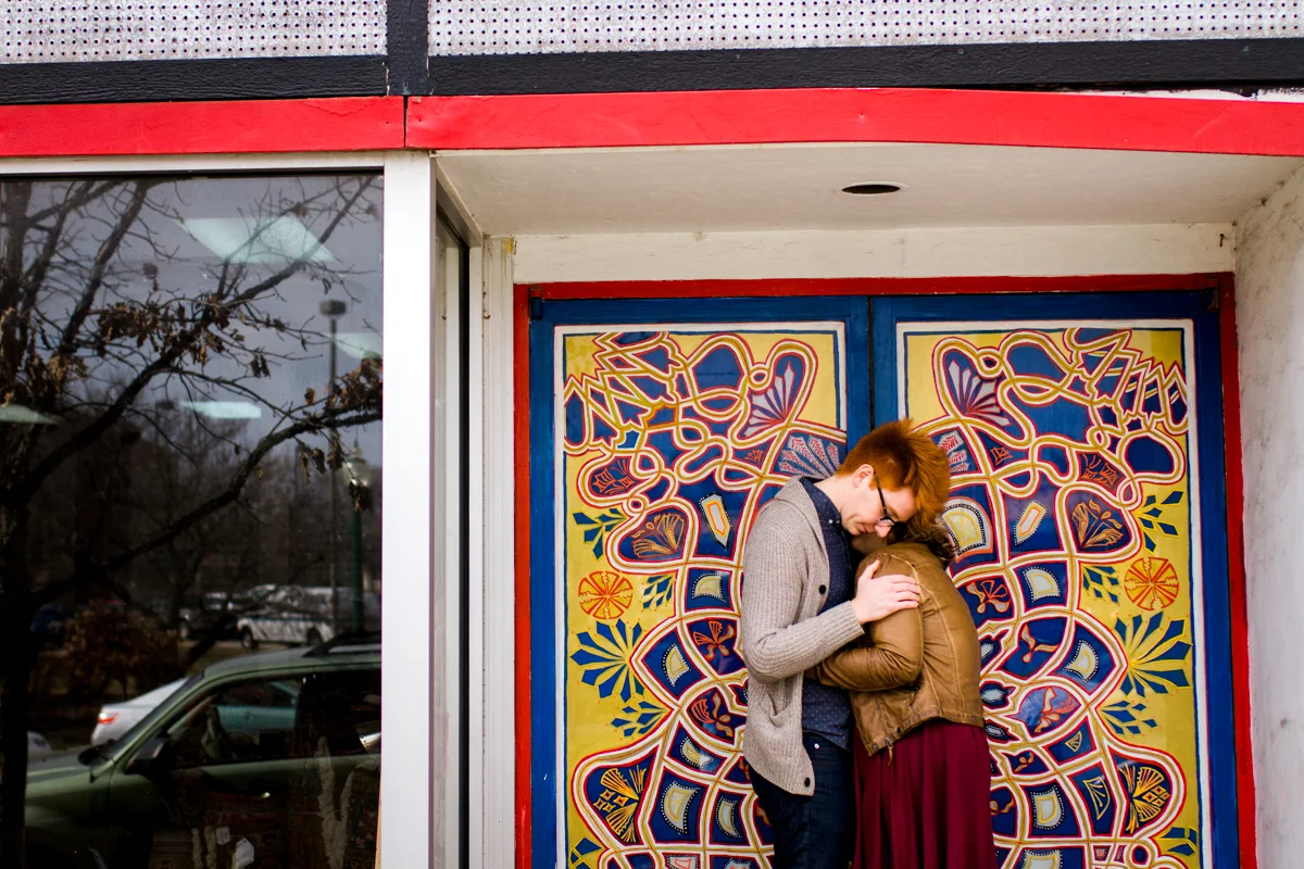 urban engaged or married couple in international doorway engagment photography couples photography Westport Kansas City, MO
