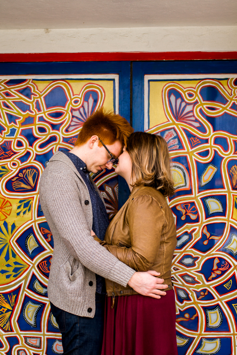  urban engaged or married couple in international doorway engagment photography couples photography Westport Kansas City, MO 