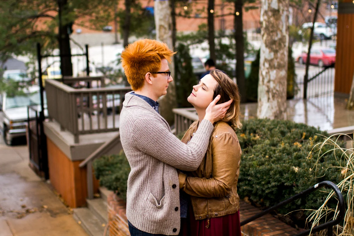 urban engaged or married couple under trees and light engagment photography couples photography Westport Kansas City, MO