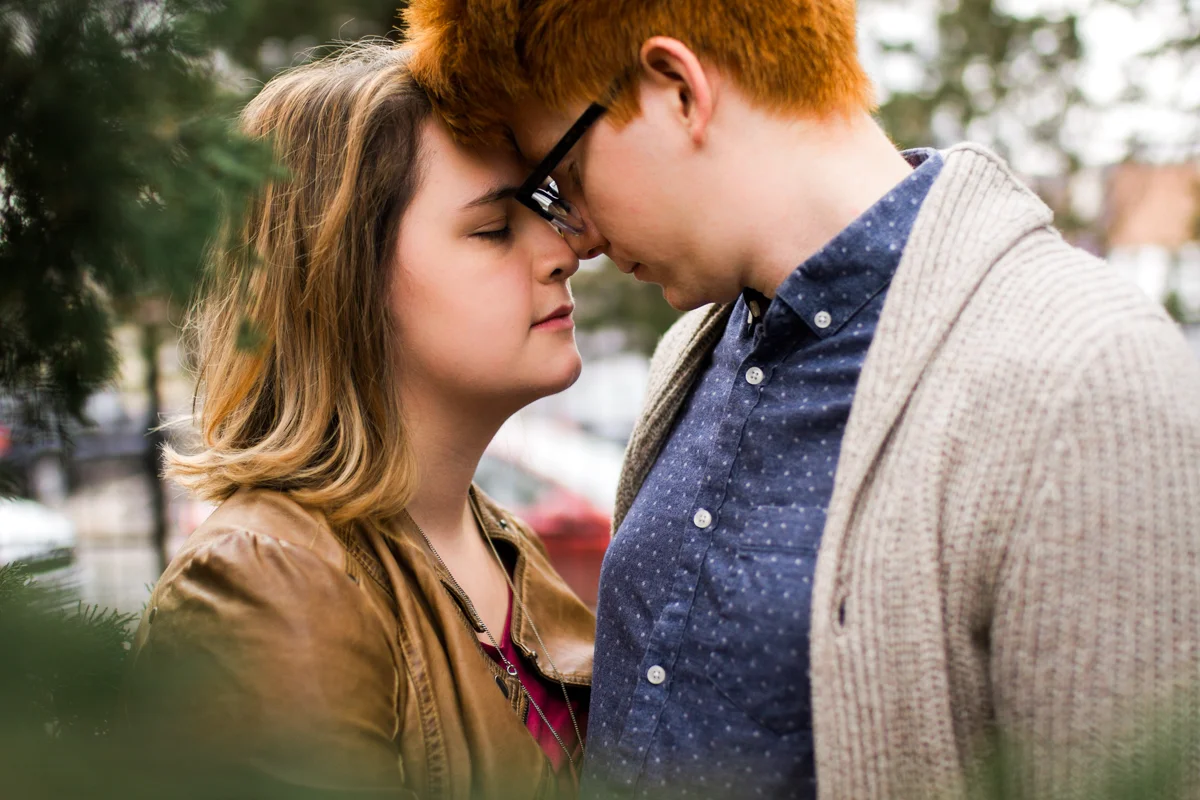 urban engaged or married couple by trees engagment photography couples photography Westport Kansas City, MO