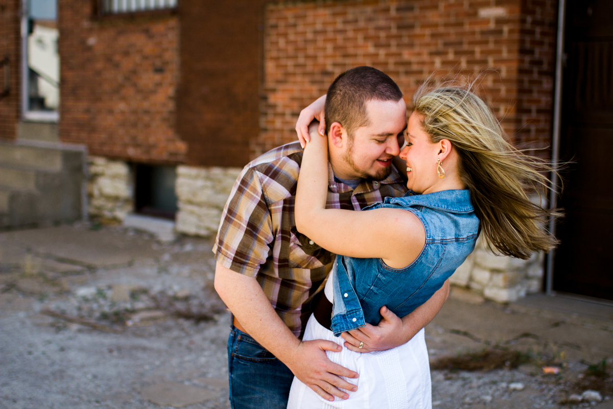 Couples session in Kansas City west bottoms couples photography hair blowing