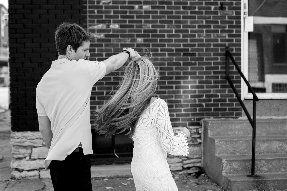  Engagment photos in Kansas City west bottoms couple dancing black and white photo engagement photography 