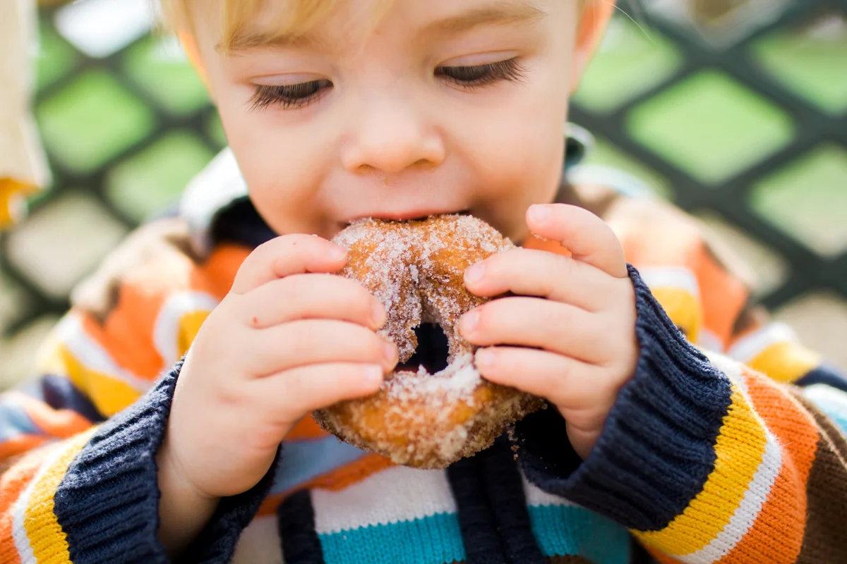 Kansas City family photographer toddler eating a donut Cider Hill Family Orchard
