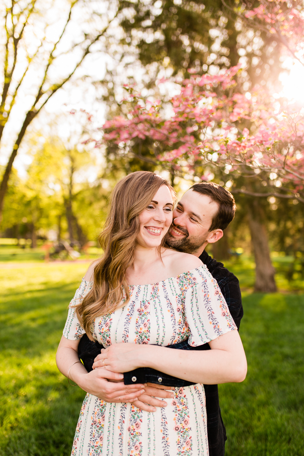  Spring couples session under a flowering tree, Loose Park golden hour session, Kansas City couples photographer, Rebecca Clair Photography 