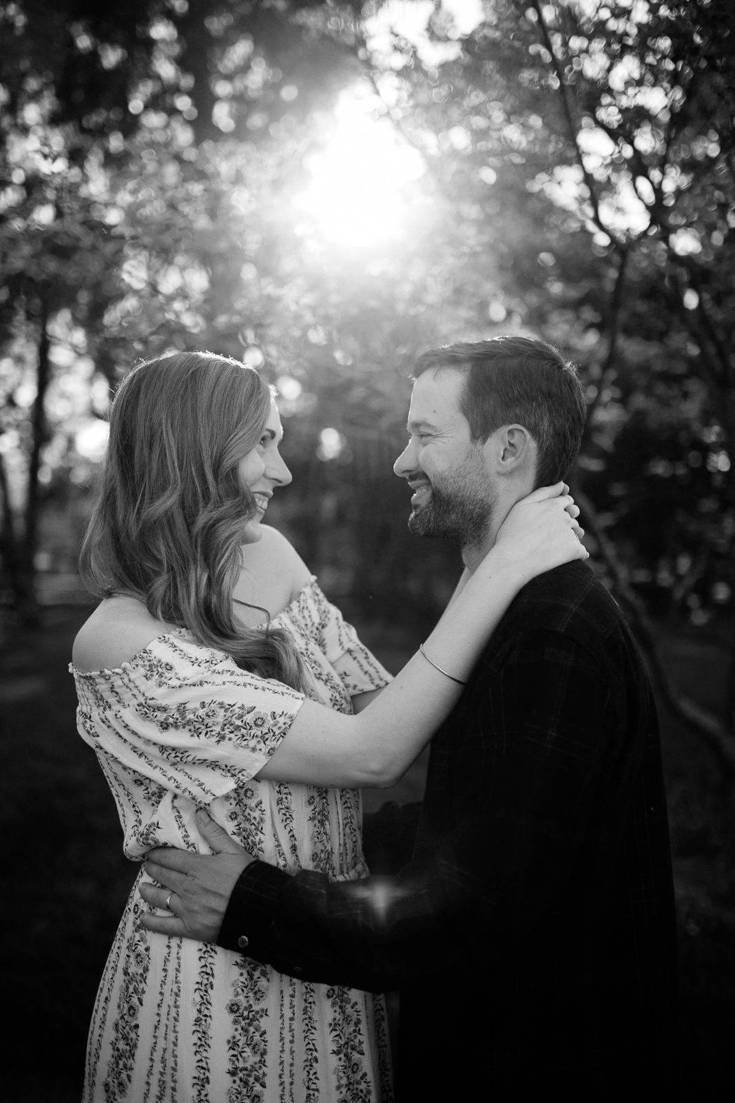  Black and white photo of a couple in the evening light, Loose Park engagement photos, Kansas City couples photography, Rebecca Clair Photography 