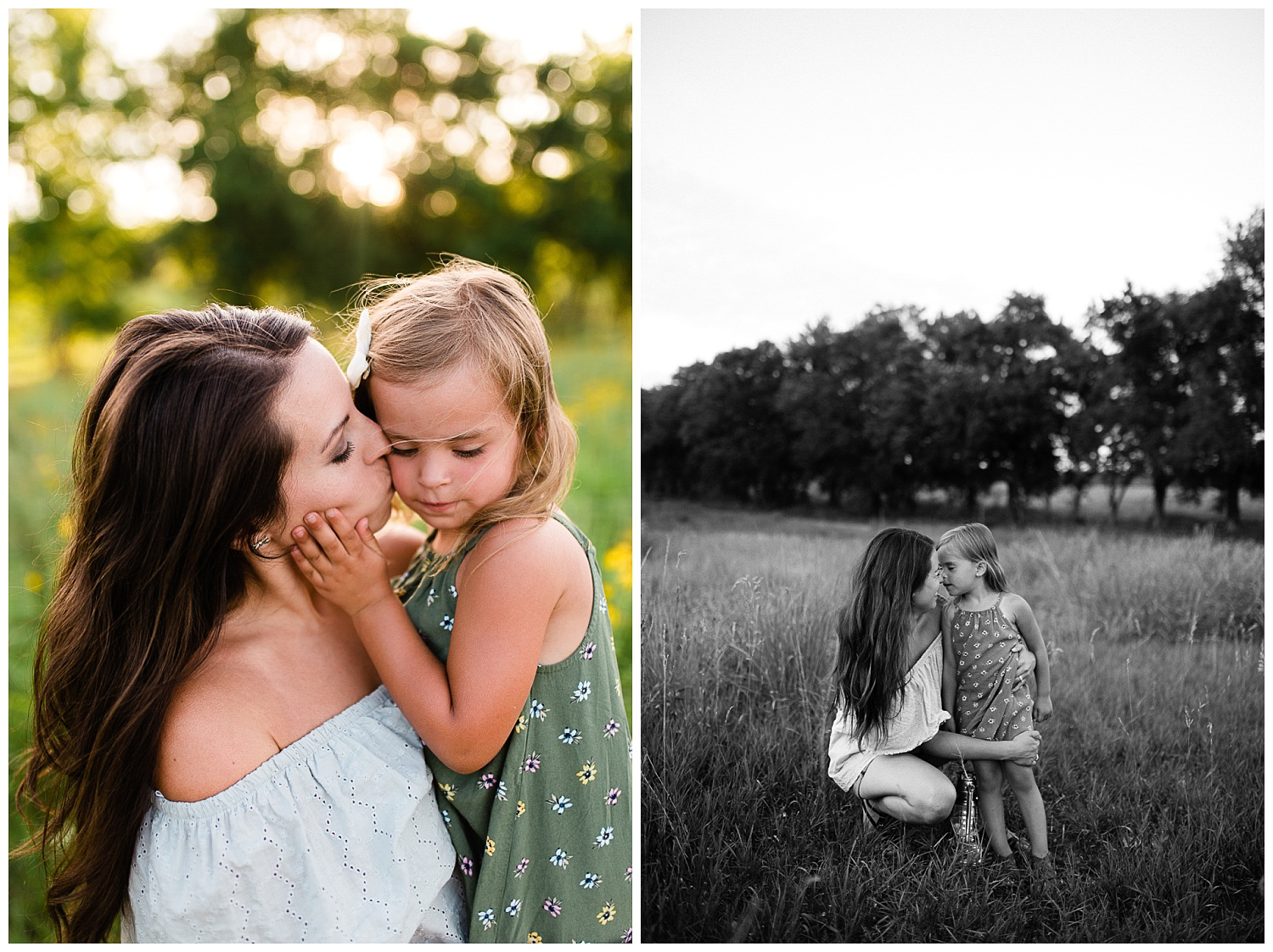  Mother kisses her daughter's cheek, black and white portrait of mother and daughter, Kansas City mommy and me session, lifestyle family photos at Shawnee Mission Park, Rebecca Clair Photography 