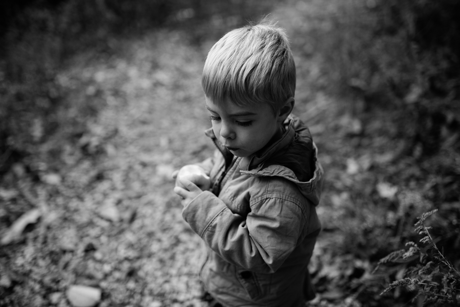  Black and white photo of boy eating apple, moody fall photos, Kansas City photographer 