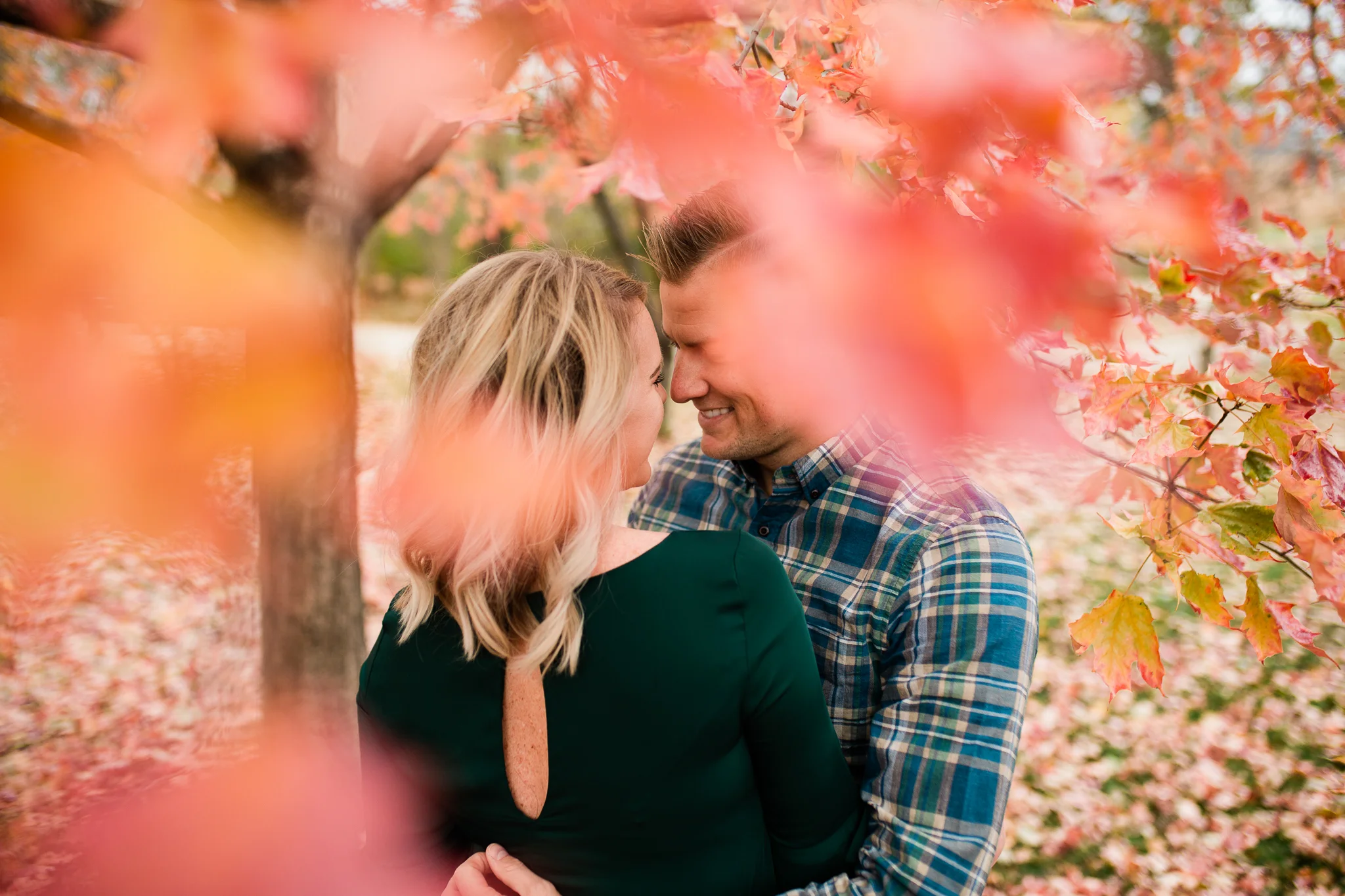  A couple embraces under an autumn tree with red leaves, Kansas City intimate couples photographer, Rebecca Clair Photography 