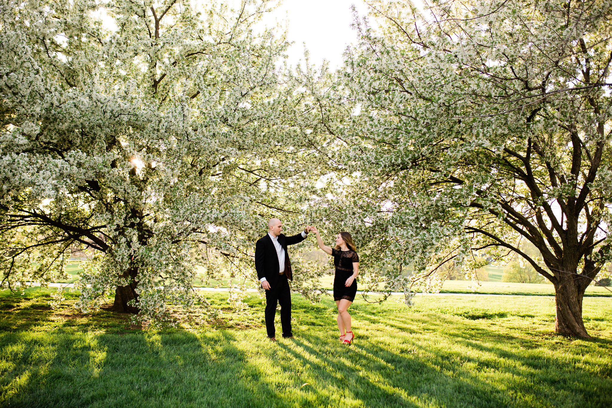  Couple dances under the flowering apple trees, Loose Park in the spring, Kansas City couples session, Rebecca Clair Photography 