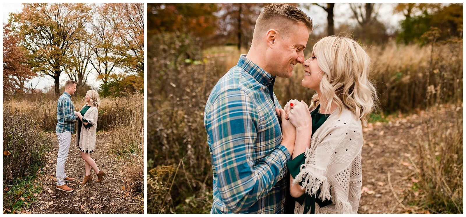Couple faces each other on a gray autumn day, Kansas city autumn session, Rebecca Clair Photography