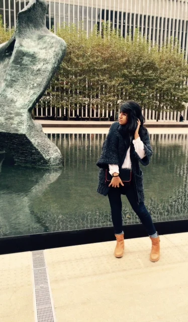 3.1 Phillip Lim sweater coat, Club Monaco button-up, H&M jeans, Acne Studios boots, vintage clutch, J.Crew gloves