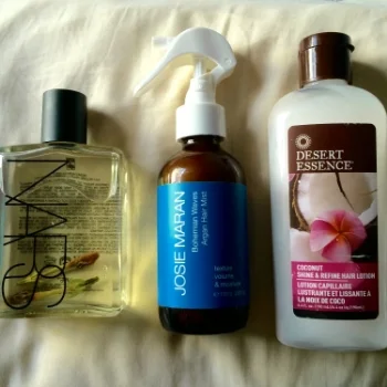 Nars Monoi de Tahiti oil, Josie Maran hair mist, Desert Essence Coconut hair lotion