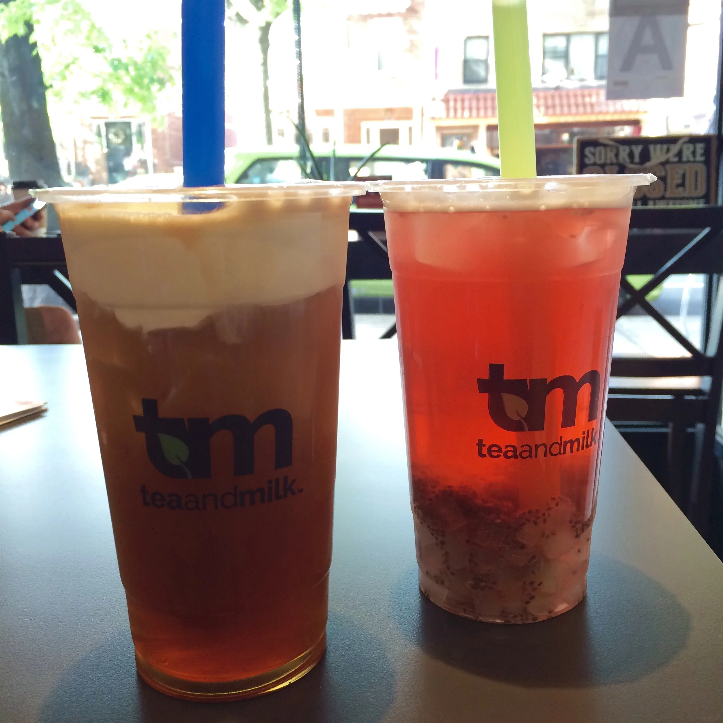 L: Roasted oolong with signature cream. R: Hibiscus white peach with chia seeds and aloe.