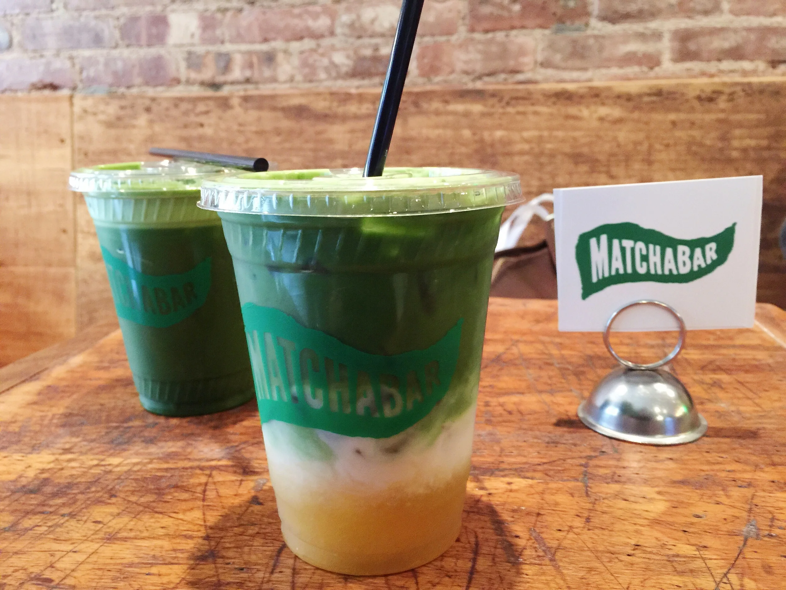 Large iced matcha + large iced peaches and cream matcha (w/ almond milk)