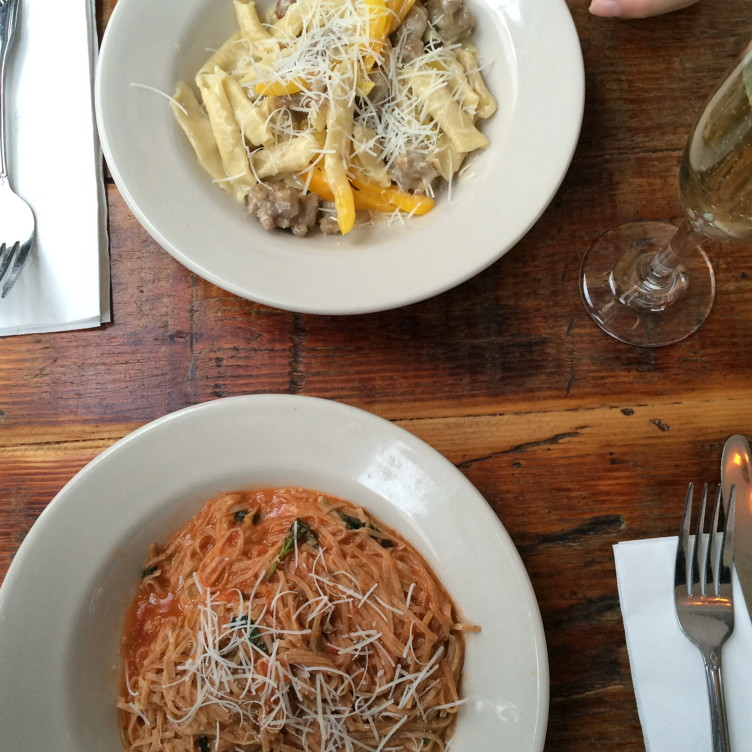 Top: Garganelli with sausage and peppers, Bottom: whole wheat spaghetti with tomato sauce