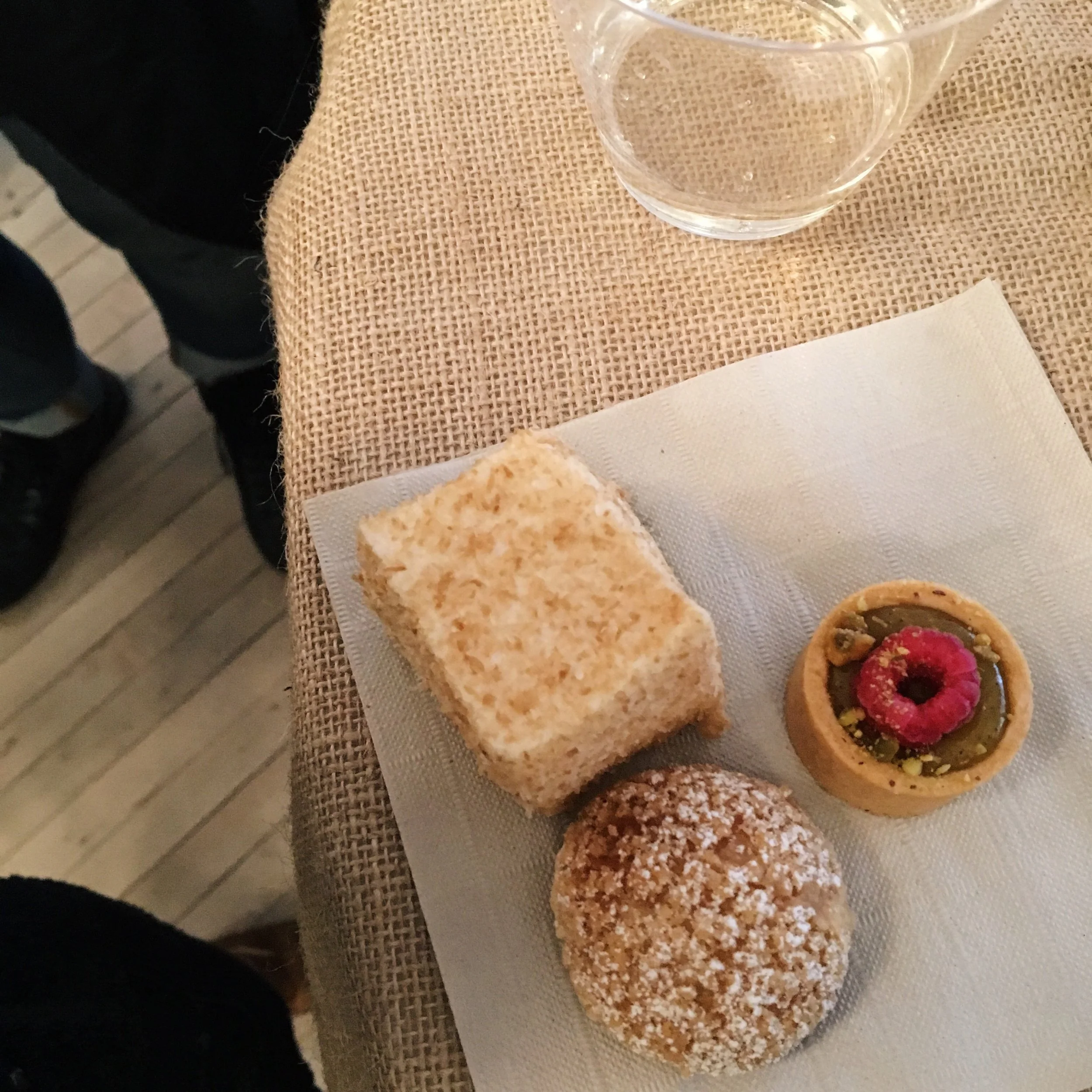 L to R: Coconut marshmallow, raspberry pistachio tart, choux
