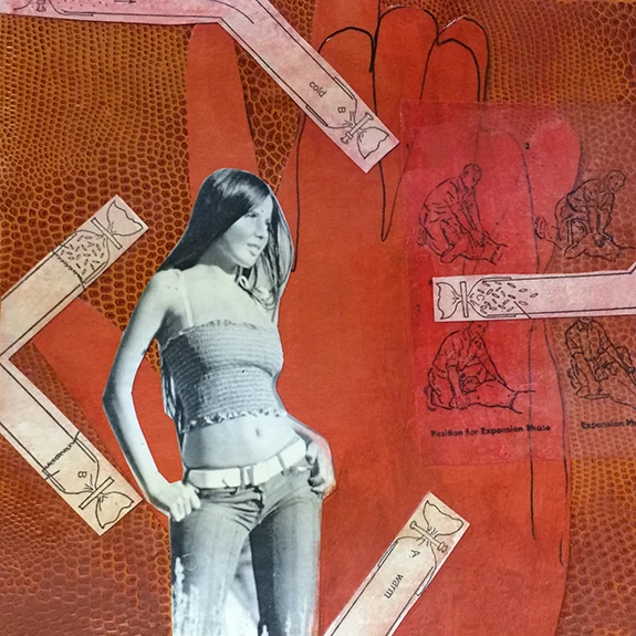 Becoming. Mixed media collage on 300 lb. cold-pressed 100% rag paper with original vintage ephemera. 7 x 7 inches. 2013.