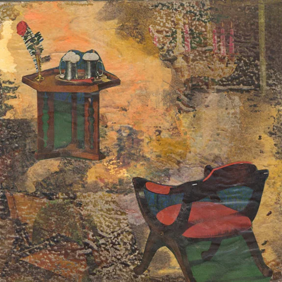 Favorite Chair. Mixed media collage on 300 lb. cold-pressed 100% rag paper with original vintage ephemera. 7 x 7 inches. 2013.