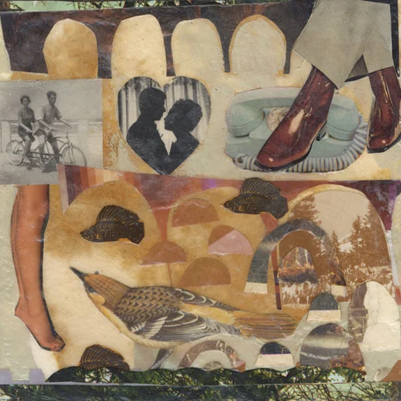 I'm Gonna Have to Call This Home. Mixed media collage on 300 lb. cold-pressed 100% rag paper with original vintage ephemera. 7 x 7 inches. 2012.