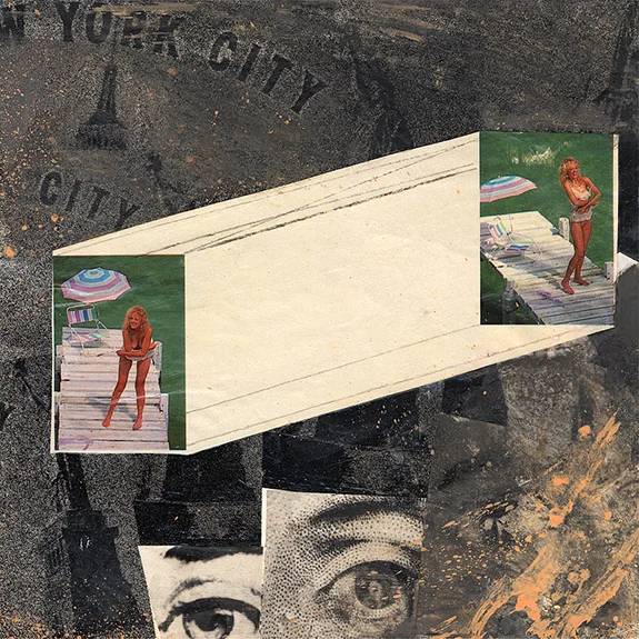 NYC. Mixed media collage on 300 lb. cold-pressed 100% rag paper with original vintage ephemera. 7 x 7 inches. 2012.
